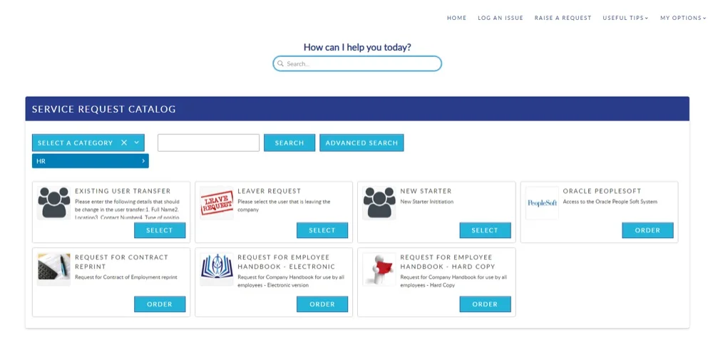 A screenshot of a customer self-service portal in Alemba Service Manager, showing buttons to select services such as Billing Services, Payroll Registration