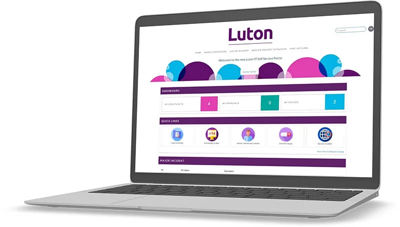 Luton Borough Council's Alemba Service Manager customer portal, with tiles for logging a fault, requesting a service and searching for help, alongside a Teams Chat option