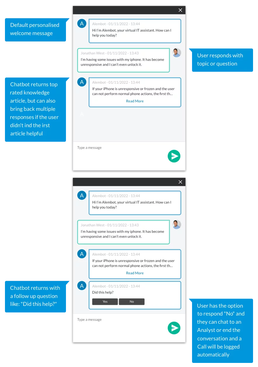 Alemba Chatbot Screenshot