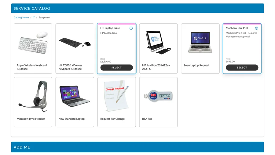 The Service Catalog rendered with the new card style, with one card showing its
detail revealed on hover.