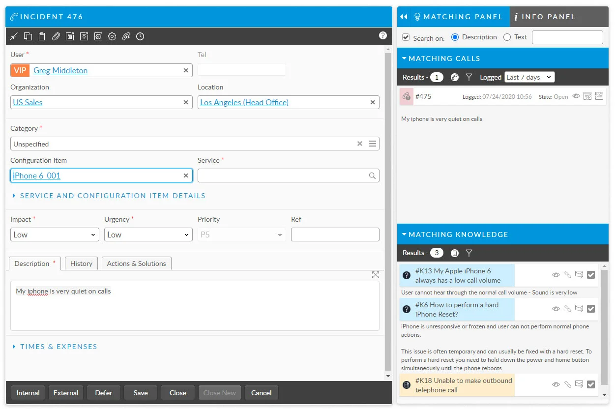An Alemba Service Manager incident form capturing user, organization, location, category, configuration item, impact and urgency, with matching calls and suggested knowledge articles alongside