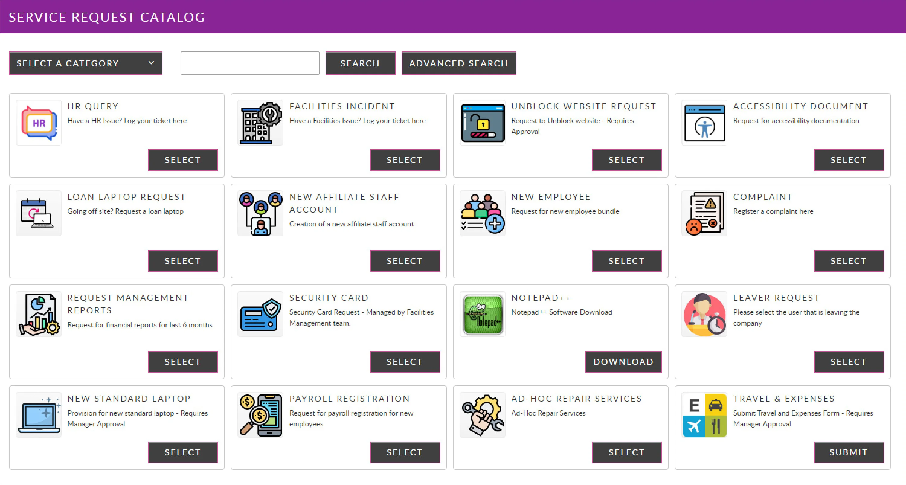 IT service catalog interface in Alemba Service Manager showing unified enterprise service management requests across HR, IT, and facilities