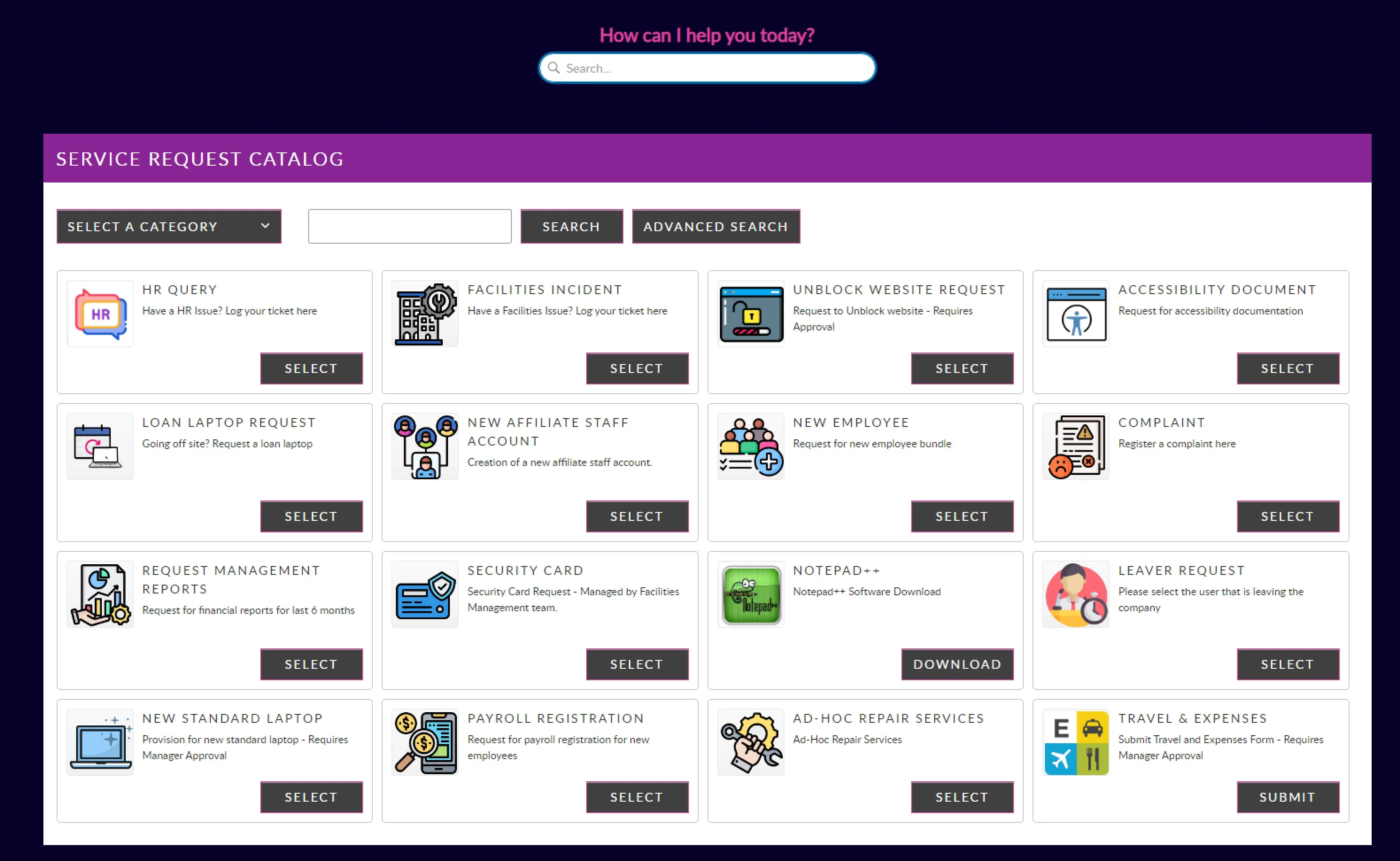 The Alemba Service Manager service catalog, showing grouped request categories that staff can browse and submit from the self-service portal