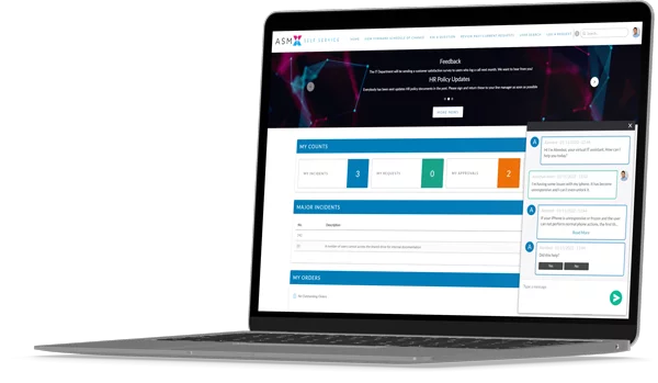 Alemba Service Manager self-service portal with chatbot on laptop
