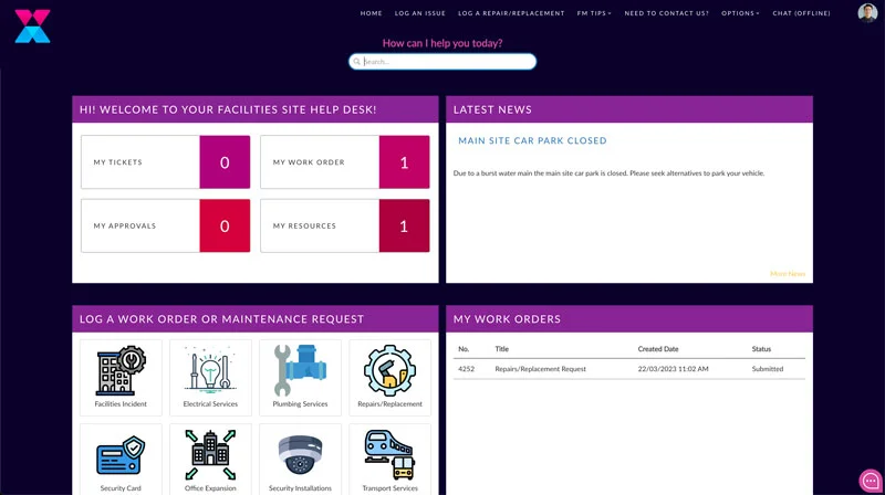 ASM Facilities and Estates Service Management Portal showing Service Desk stats, news bulletins and a Service Request Catalog.
