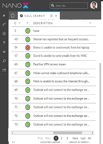 The ASM Nano interface on a mobile device, showing a list of calls and their status, allowing Agents to work from anywhere providing real-time updates.