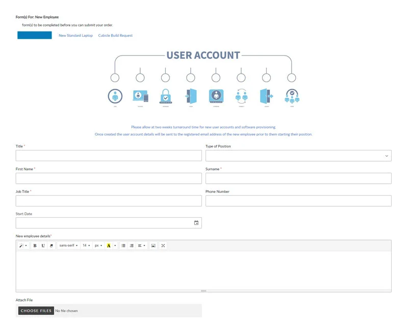 ASM new starter request form capturing onboarding details and approvals for Joiner-Mover-Leaver processing.