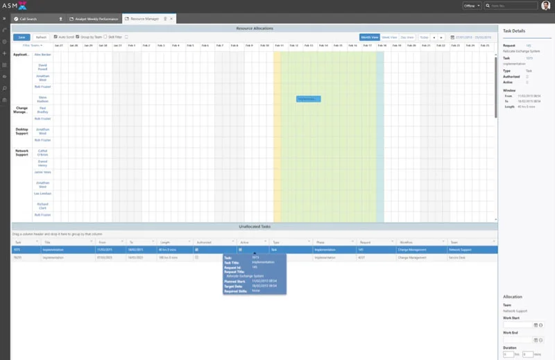 A screen in ASM, showing the ASM Resource Scheduler, a graphical task allocator where tasks are dragged to available timeslots for Agents with the appropriate skillset.