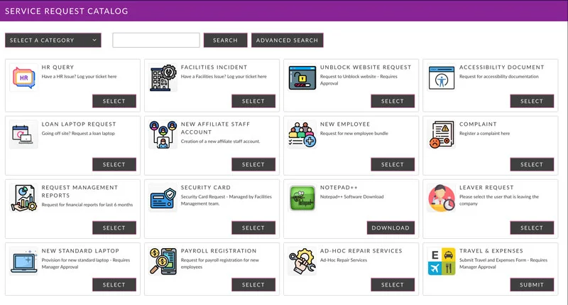 ASM service catalog showing HR, IT, and Finance service request categories in a unified portal.