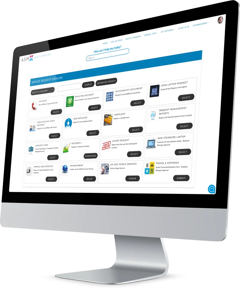 IT service catalog interface in Alemba Service Manager showing unified enterprise service management requests across HR, IT, and facilities