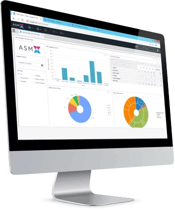 Alemba Service Manager dashboard with bar and pie charts