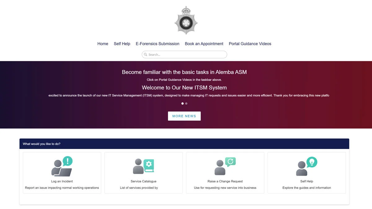 An emergency service self-service portal home screen, with options to log an incident, browse the service catalog, raise a change request and search self-help guidance