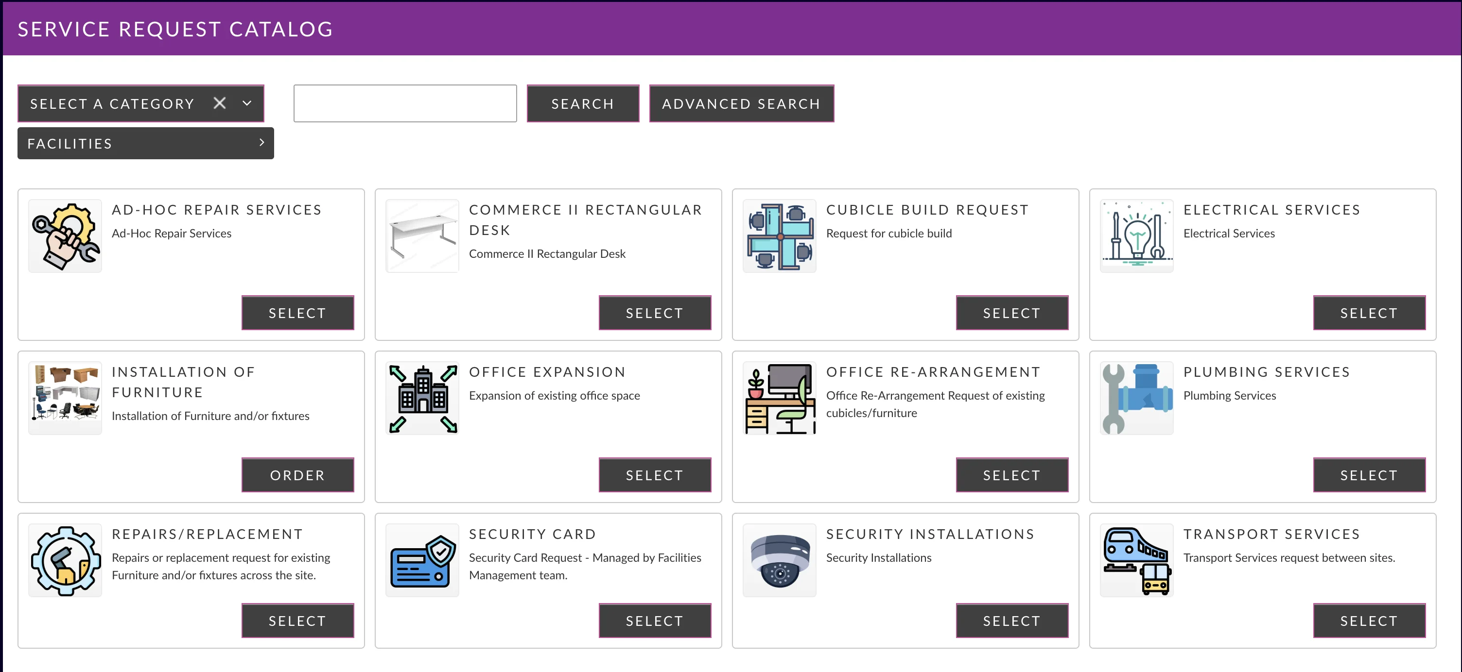 Facilities service catalog interface showing maintenance, repairs, and workplace service requests in Alemba Service Manager