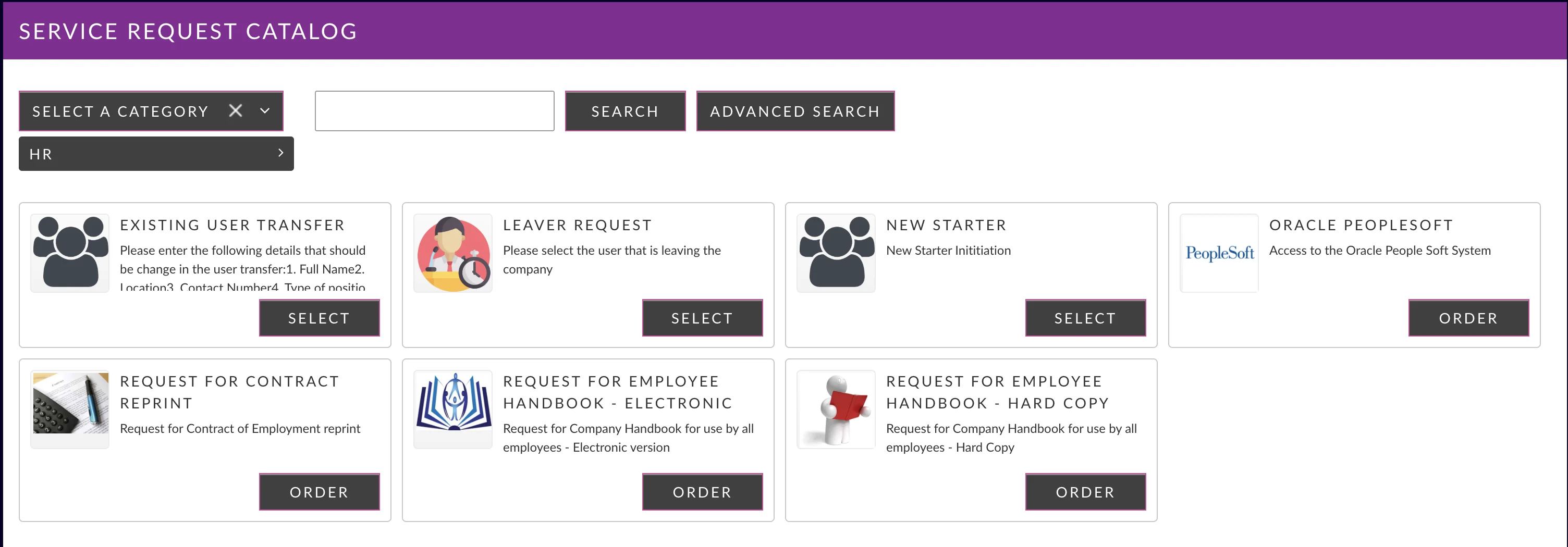 HR service catalog in Alemba Service Manager, enabling employee requests such as onboarding, transfers, and document access