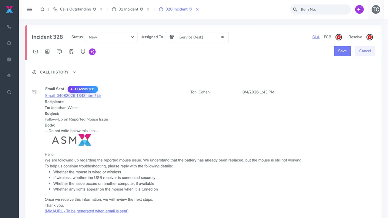 A ticket timeline in Alemba Service Manager showing AI history entries badged with what the AI did and why.