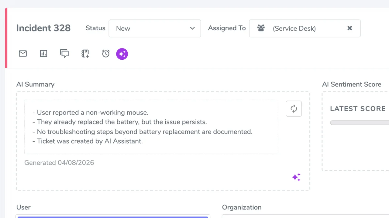 An AI-generated summary of a long call history shown on a ticket in Alemba Service Manager.