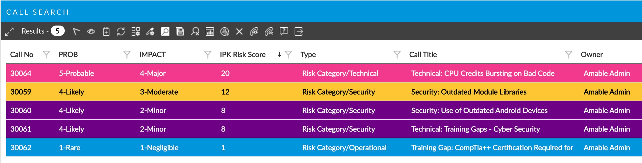 Screenshot of Alemba Service Manager change management module, showing a risk assessment register with approvals and statuses for planned changes.