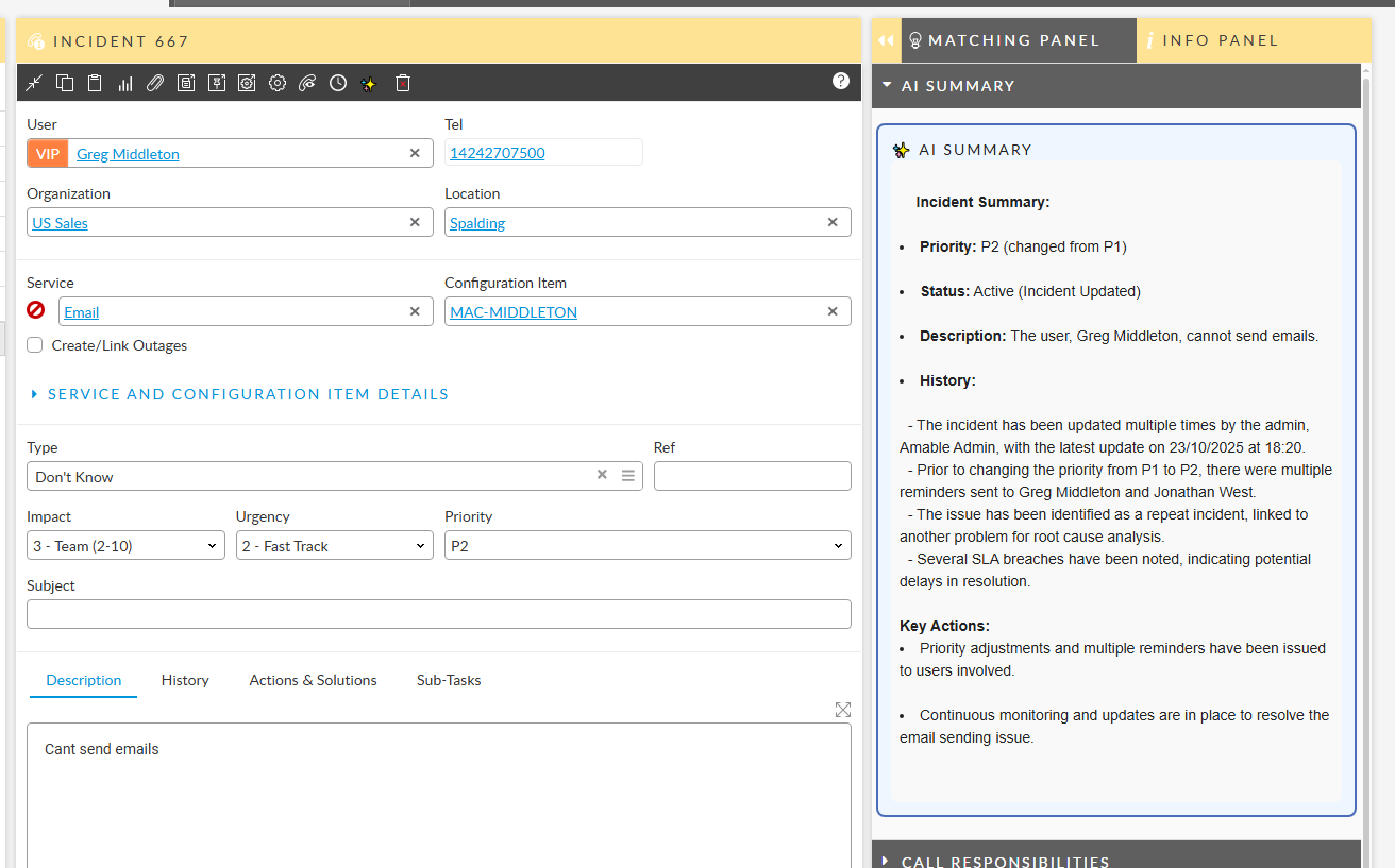 An IT incident form in ASM with an AI summary panel providing information on priority, status, description, history and key actions, enabling agents to resolve calls faster.