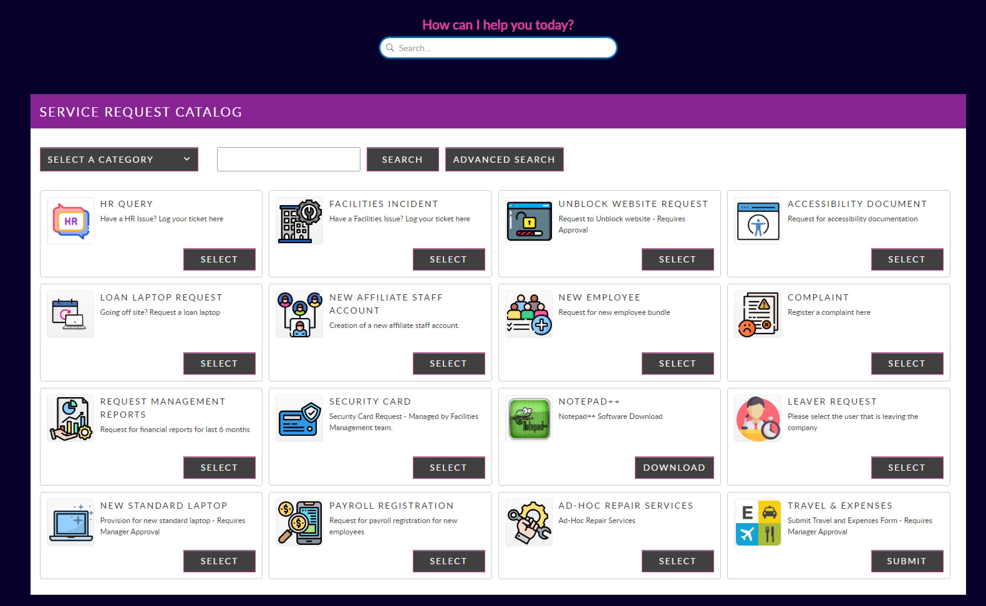 Screenshot of Alemba Service Manager’s self-service portal, showing a unified catalogue of service request tiles (IT, HR, Estates, etc.) for staff to log requests.