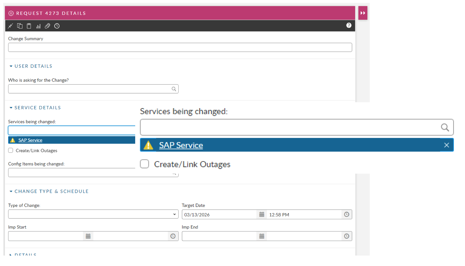 Change request screen showing outage workflow automation.