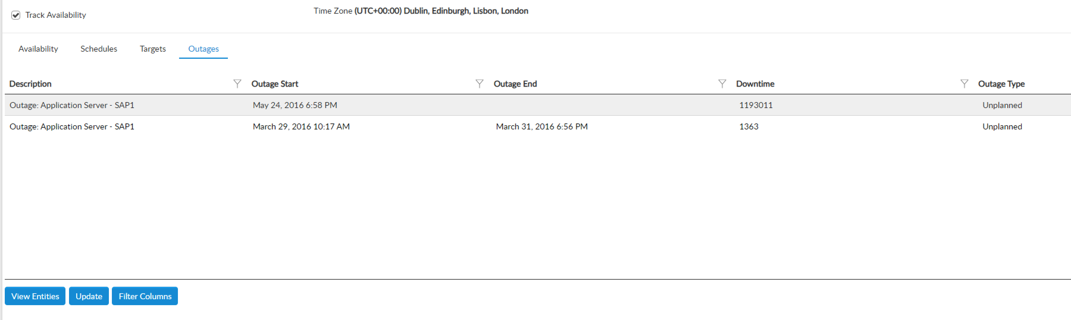 A screen in Alemba Service Manager, listing current active outages.