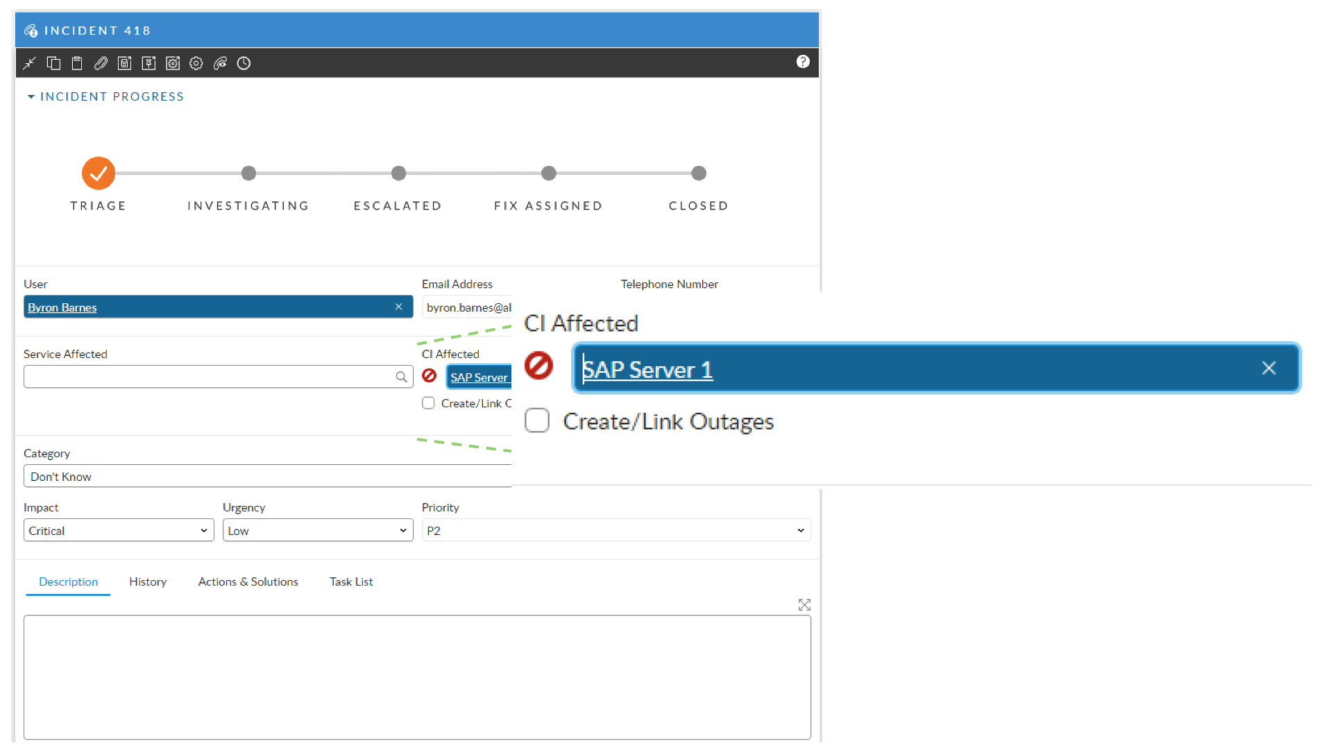 Incident screen showing a red stop sign for offline service.