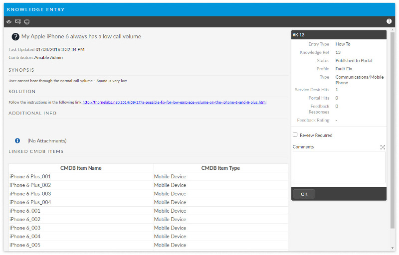 Example of a Knowledge entry in Alemba Service Manager